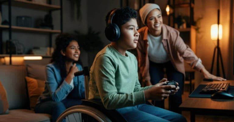 Happy disabled boy using wireless gamepad while playing video games at home with his mother and sister